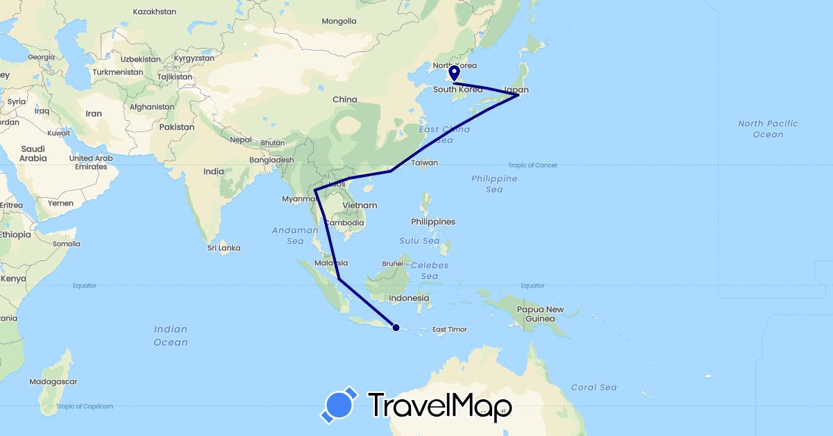 TravelMap itinerary: driving in China, Indonesia, Japan, South Korea, Singapore, Thailand, Vietnam (Asia)